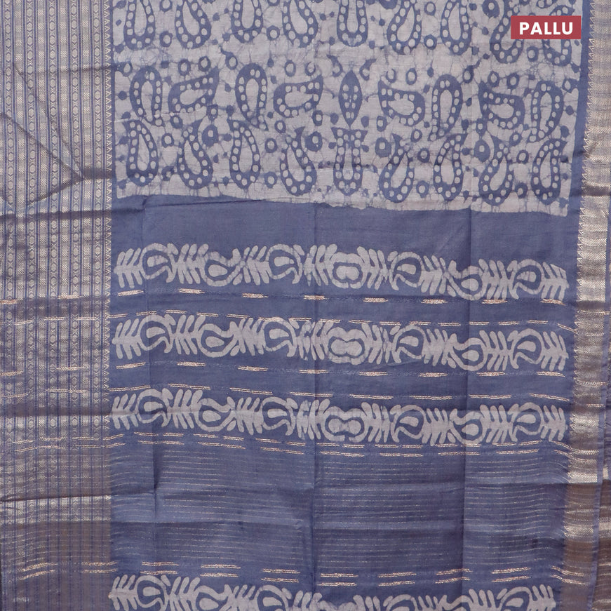 Semi tussar saree grey and beige with allover batik prints and long zari woven border