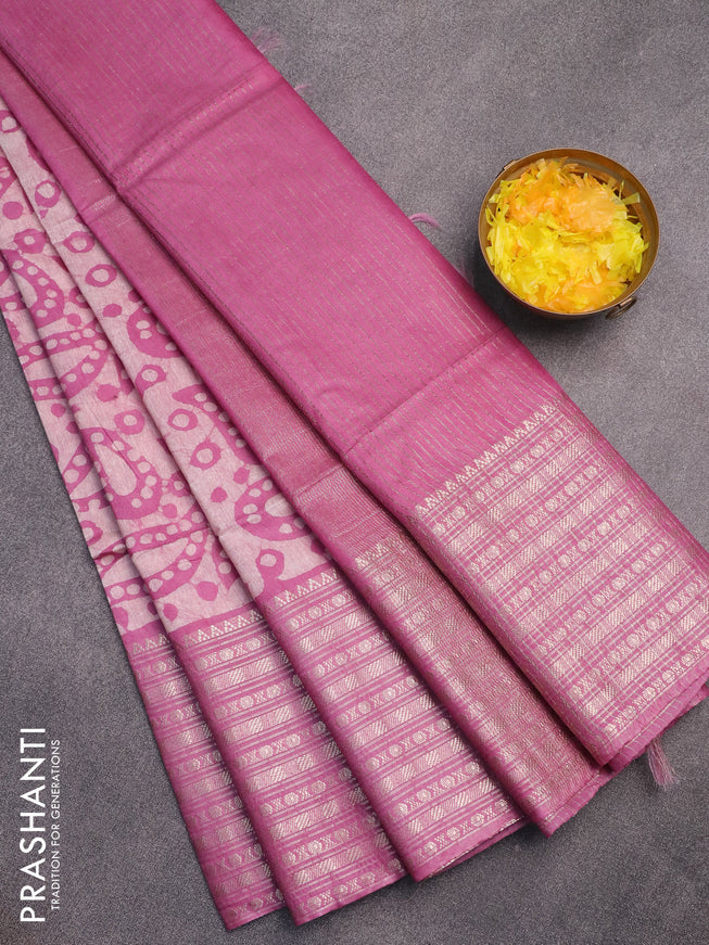 Semi tussar saree mauve pink and beige with allover batik prints and long zari woven border