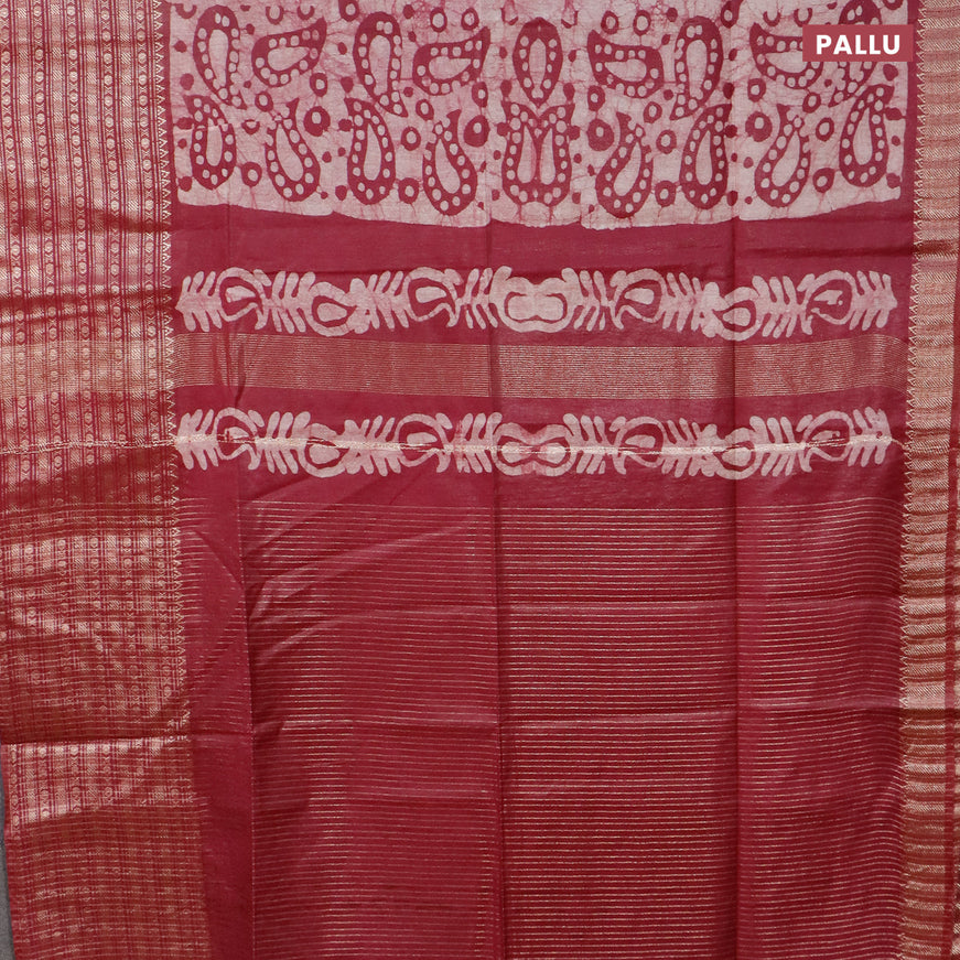 Semi tussar saree dark magenta pink and beige with allover batik prints and long zari woven border