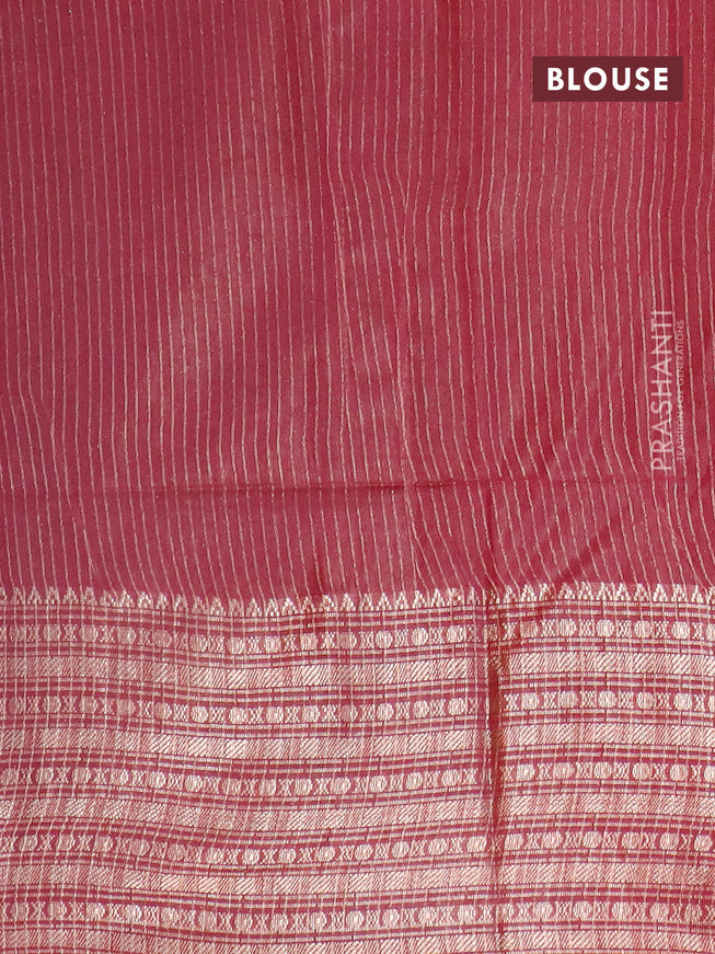 Semi tussar saree dark magenta pink and beige with allover batik prints and long zari woven border