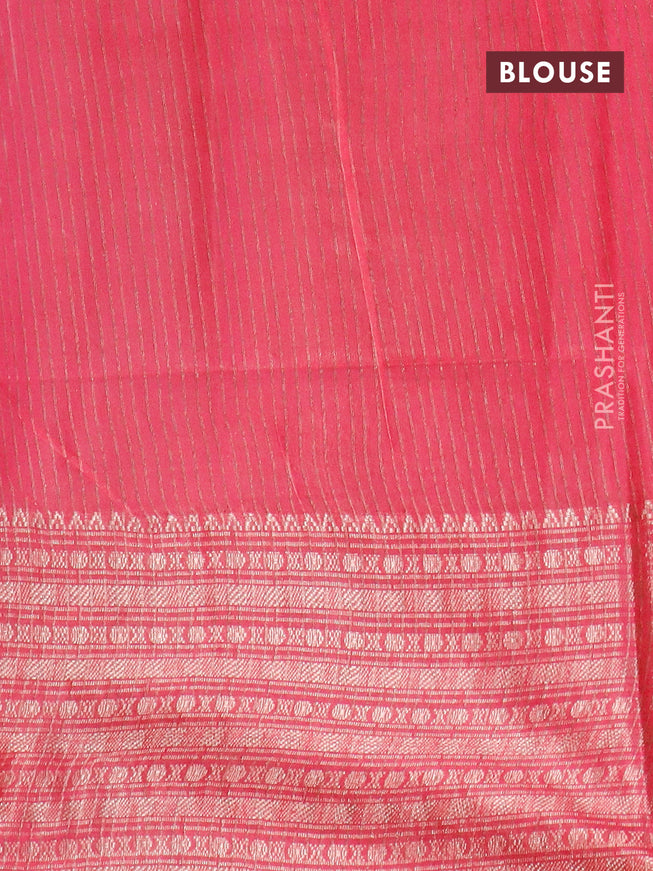 Semi tussar saree pink and off white with allover batik prints and long zari woven border