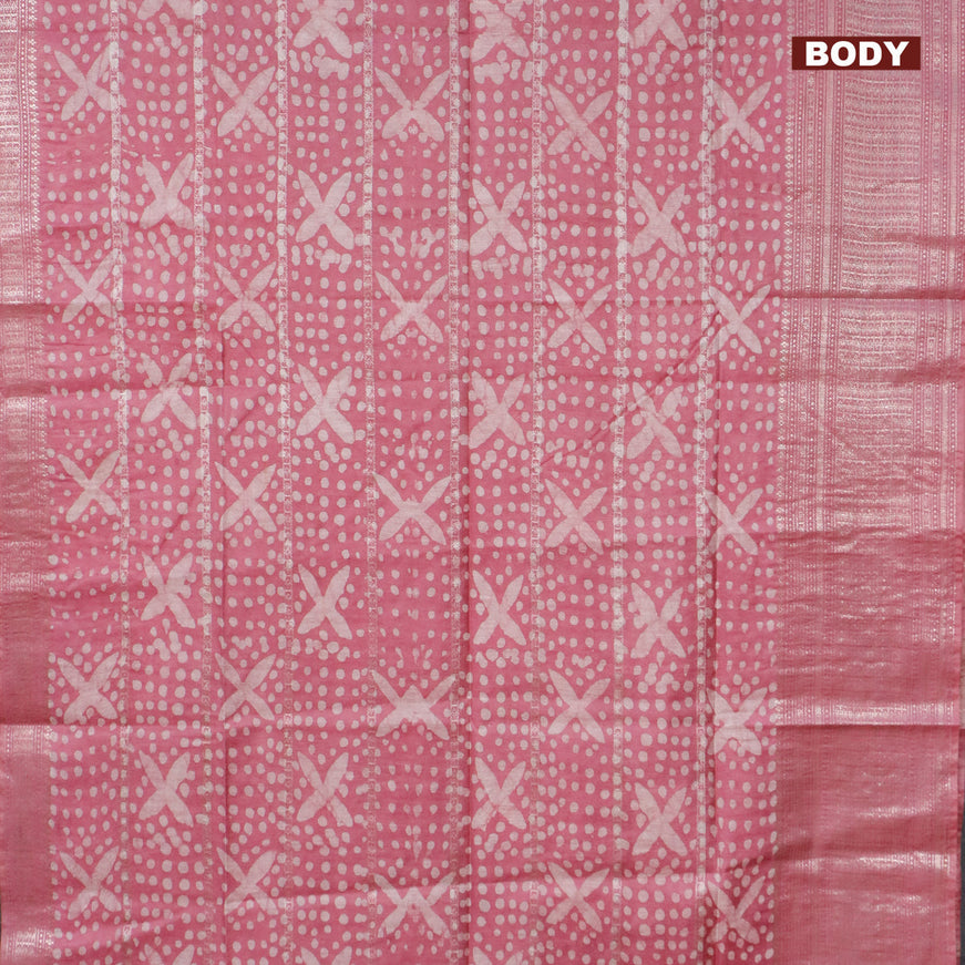 Semi tussar saree mauve pink with allover batik prints and long zari woven border