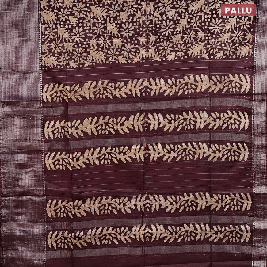 Semi tussar saree coffee brown with allover batik prints & thread stripe weaves and long silver zari woven border