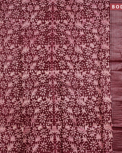 Semi tussar saree maroon with allover batik prints & thread stripe weaves and long silver zari woven border