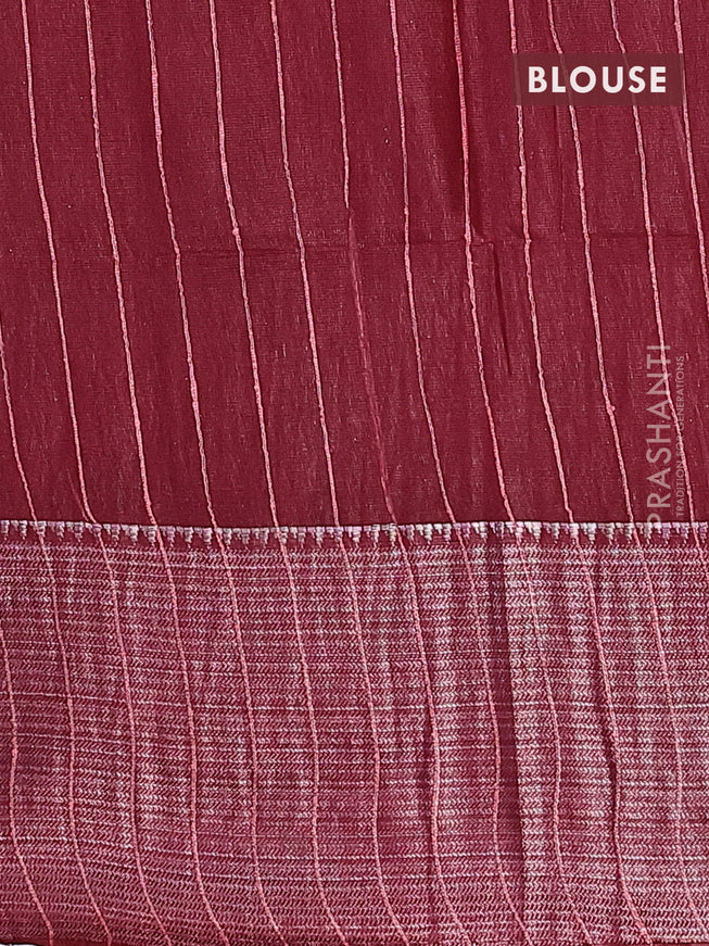 Semi tussar saree maroon with allover batik prints & thread stripe weaves and long silver zari woven border