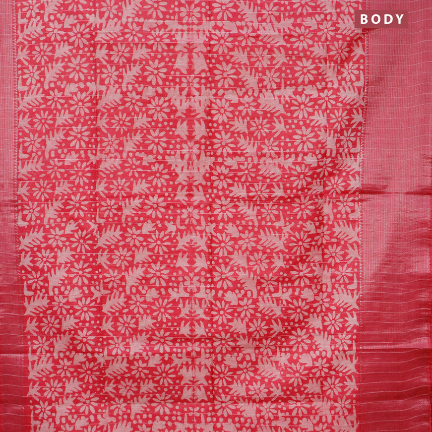 Semi tussar saree pink with allover batik prints & thread stripe weaves and long silver zari woven border