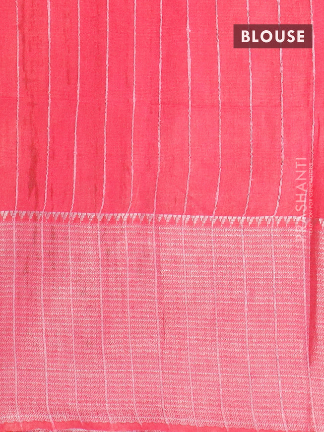 Semi tussar saree pink with allover batik prints & thread stripe weaves and long silver zari woven border