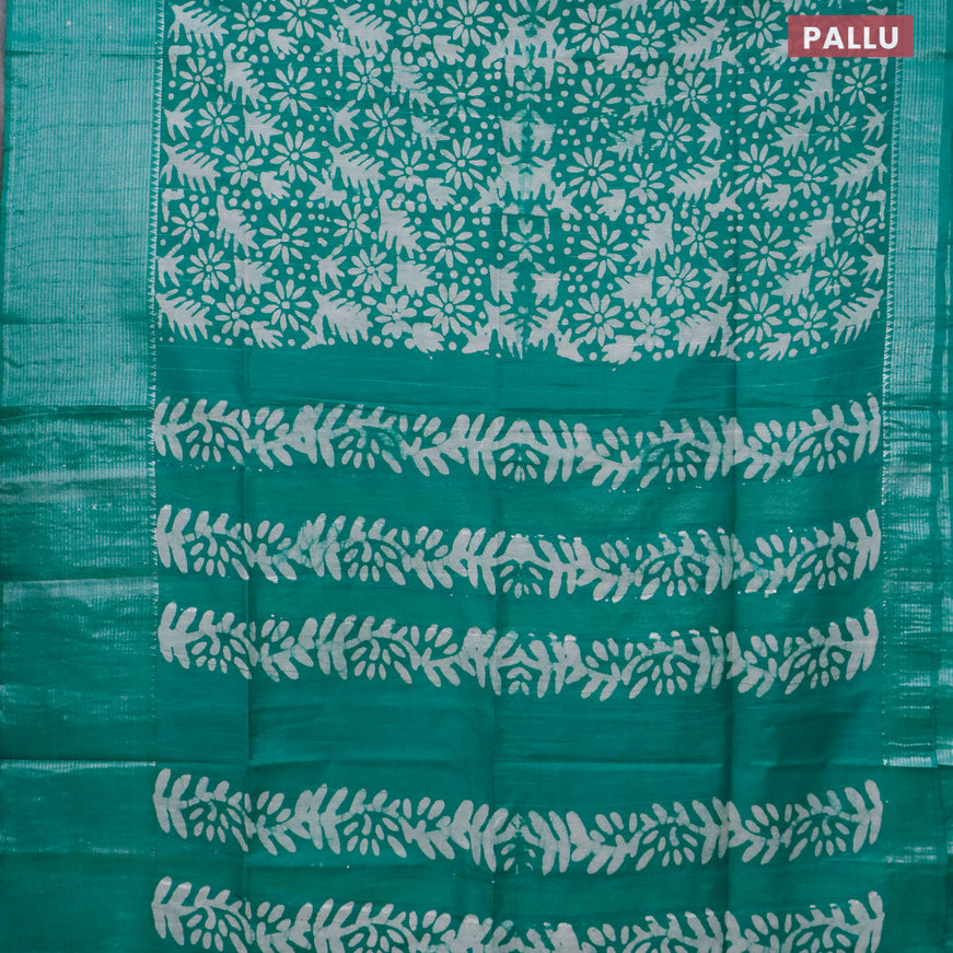 Semi tussar saree teal green with allover batik prints & thread stripe weaves and long silver zari woven border