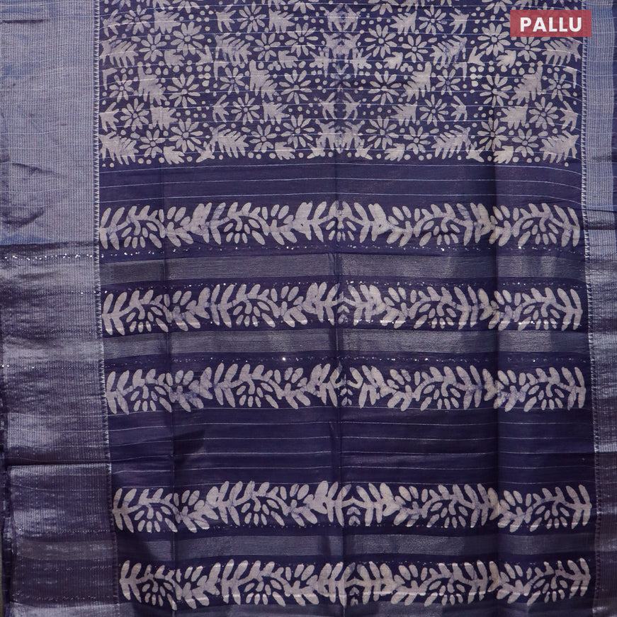 Semi tussar saree navy blue with allover batik prints & thread stripe weaves and long silver zari woven border