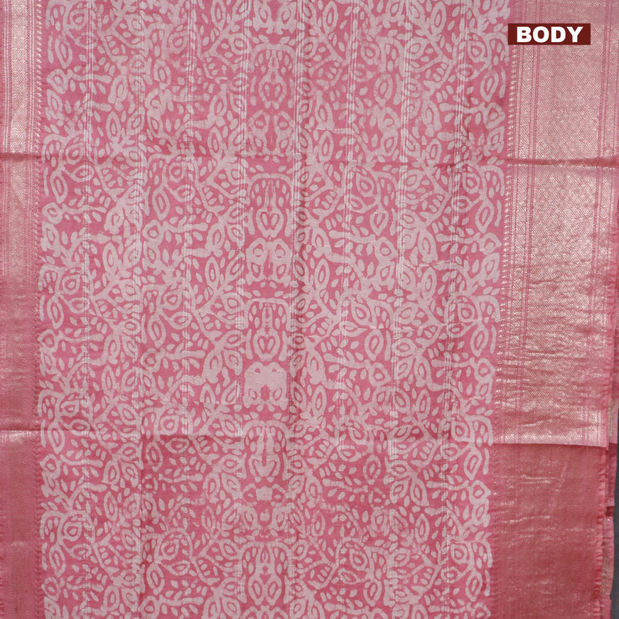 Semi tussar saree mauve pink and off white with allover batik prints and long zari woven border