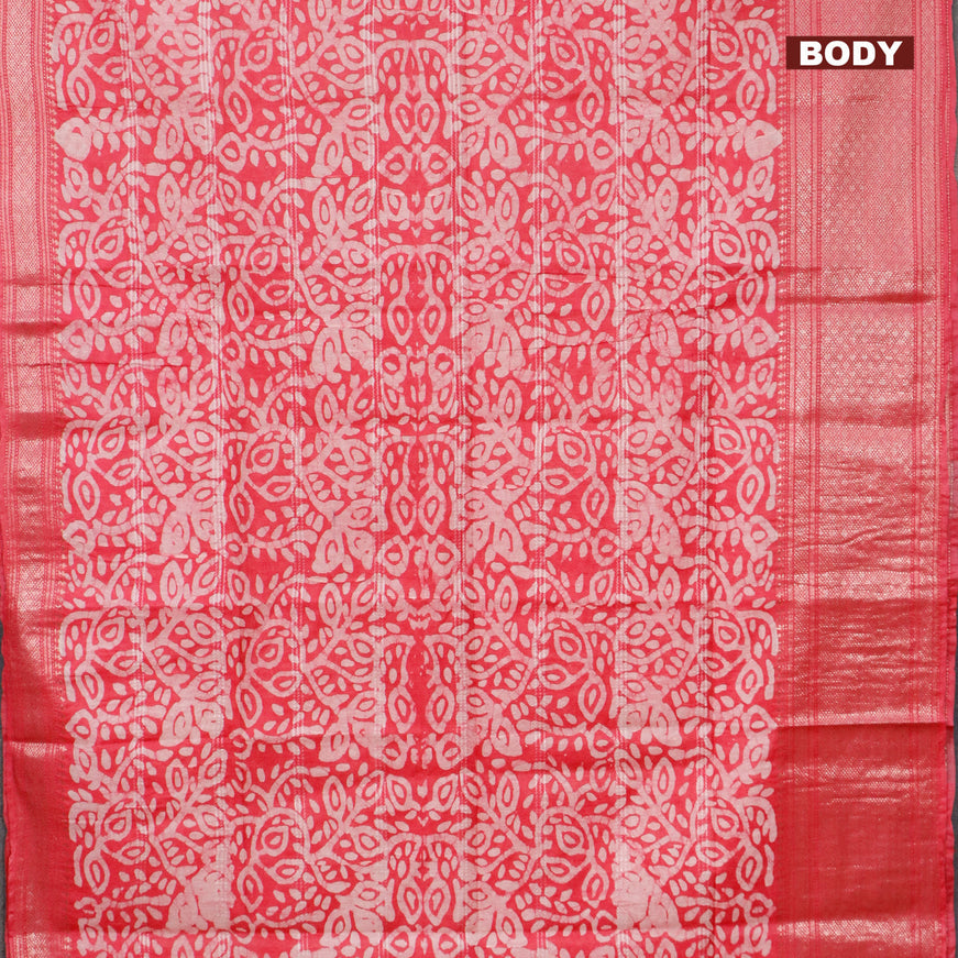 Semi tussar saree pink and off white with allover batik prints and long silver zari woven border