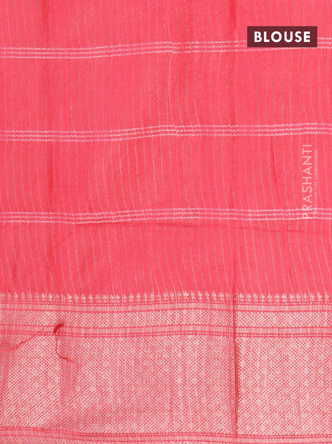 Semi tussar saree pink and off white with allover batik prints and long silver zari woven border