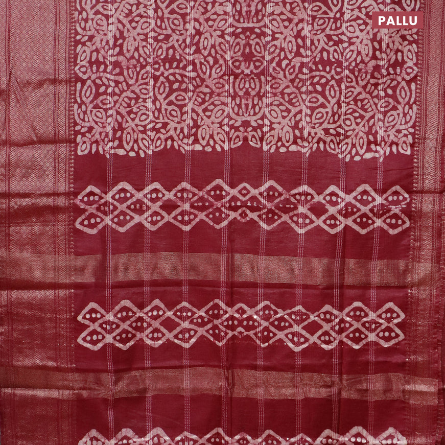Semi tussar saree dark maroon and off white with allover batik prints and long zari woven border