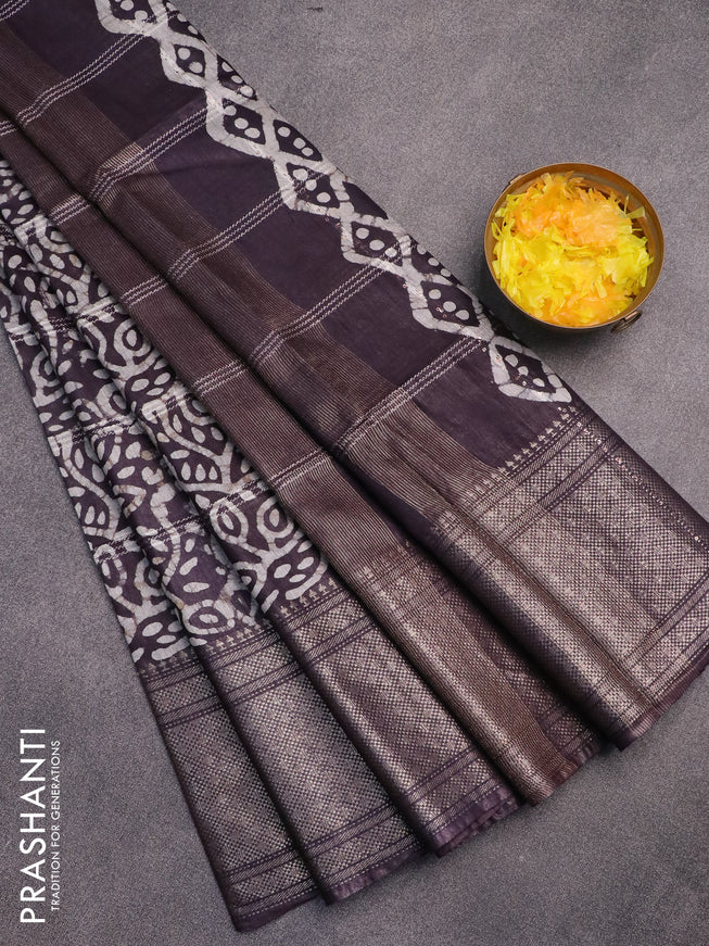 Semi tussar saree coffee brown and off white with allover batik prints and long zari woven border