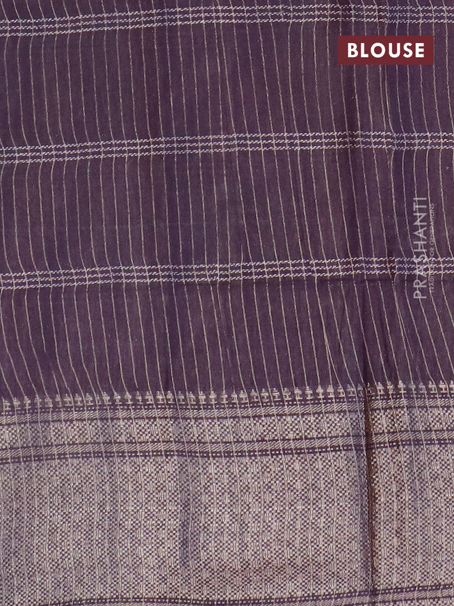 Semi tussar saree coffee brown and off white with allover batik prints and long zari woven border