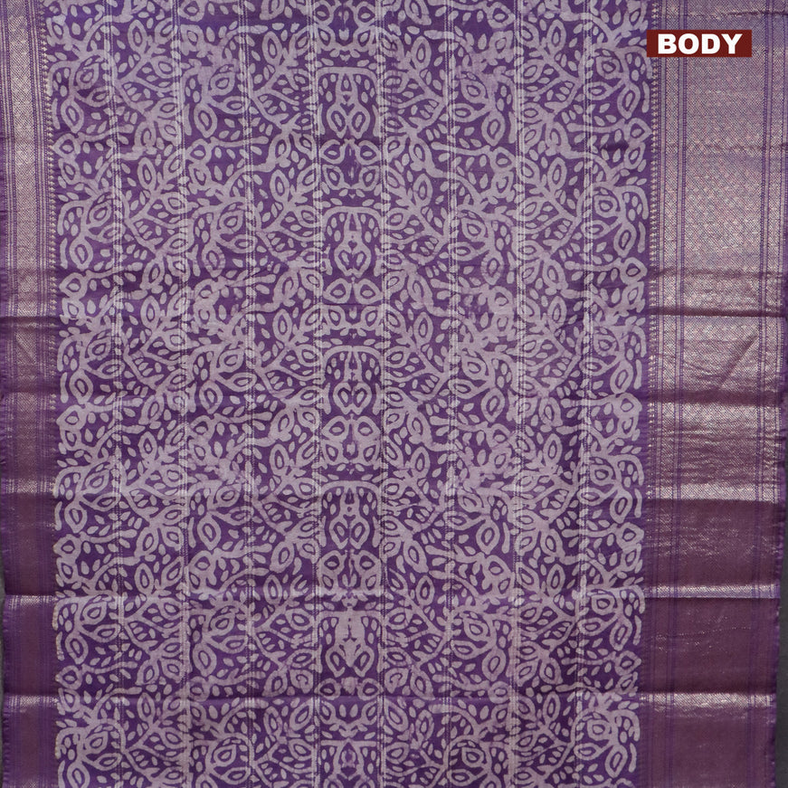 Semi tussar saree violet and off white with allover batik prints and long zari woven border