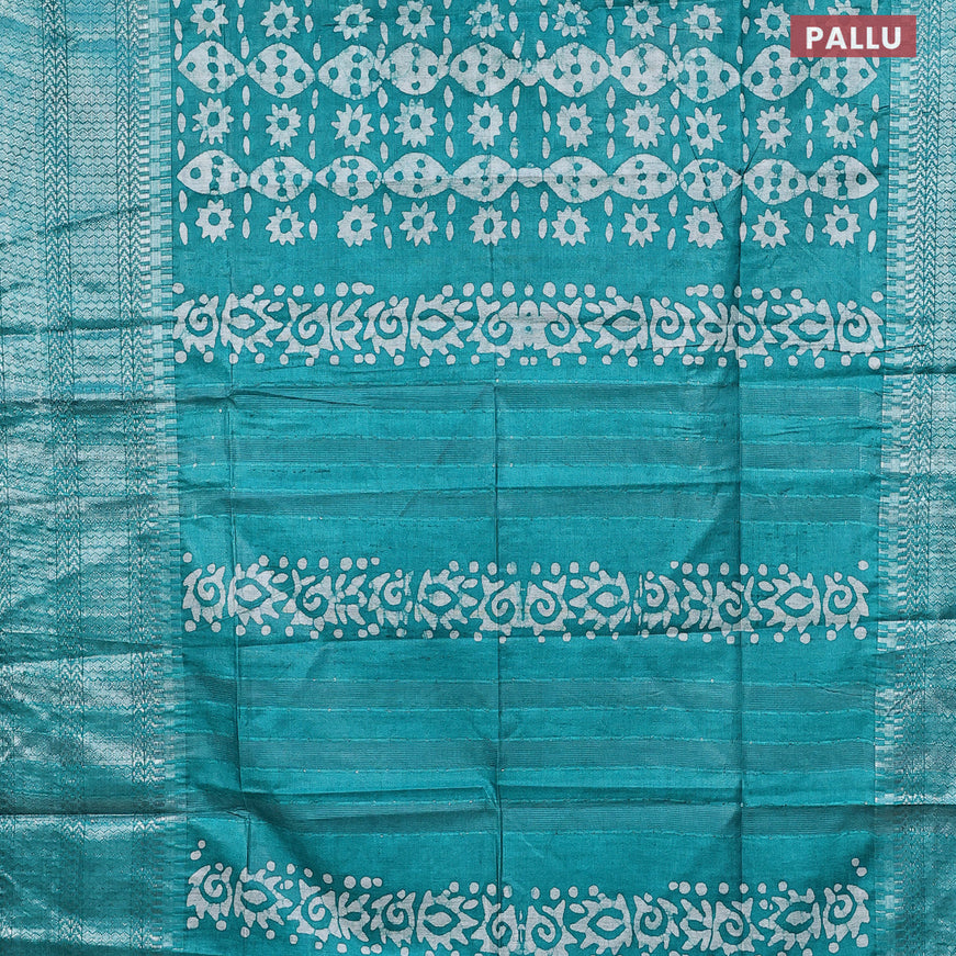 Semi tussar saree teal green with allover batik prints & thread stripe weaves and long silver zari woven border