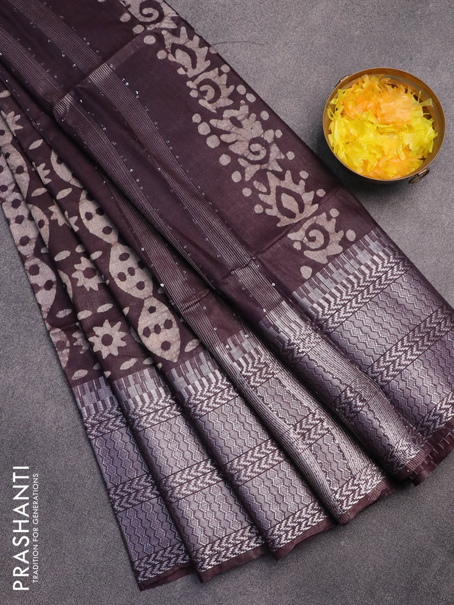 Semi tussar saree deep wine shade with allover batik prints & thread stripe weaves and long silver zari woven border