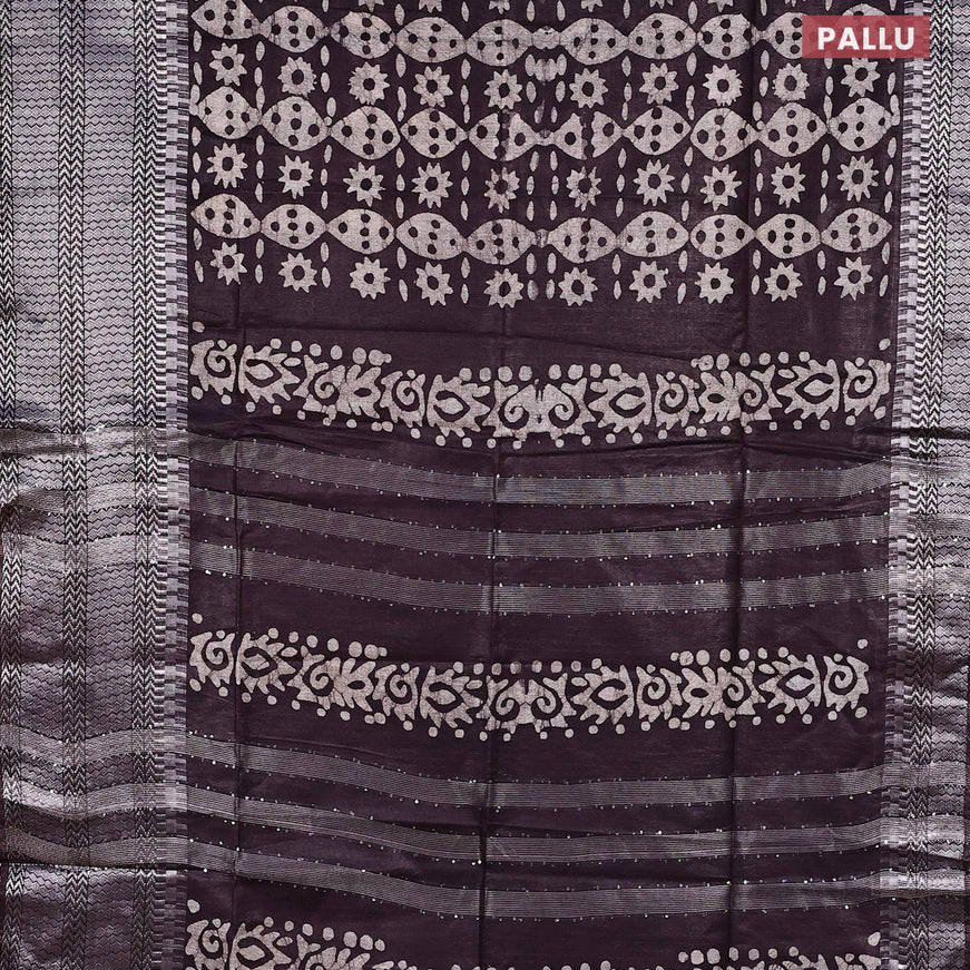 Semi tussar saree deep wine shade with allover batik prints & thread stripe weaves and long silver zari woven border