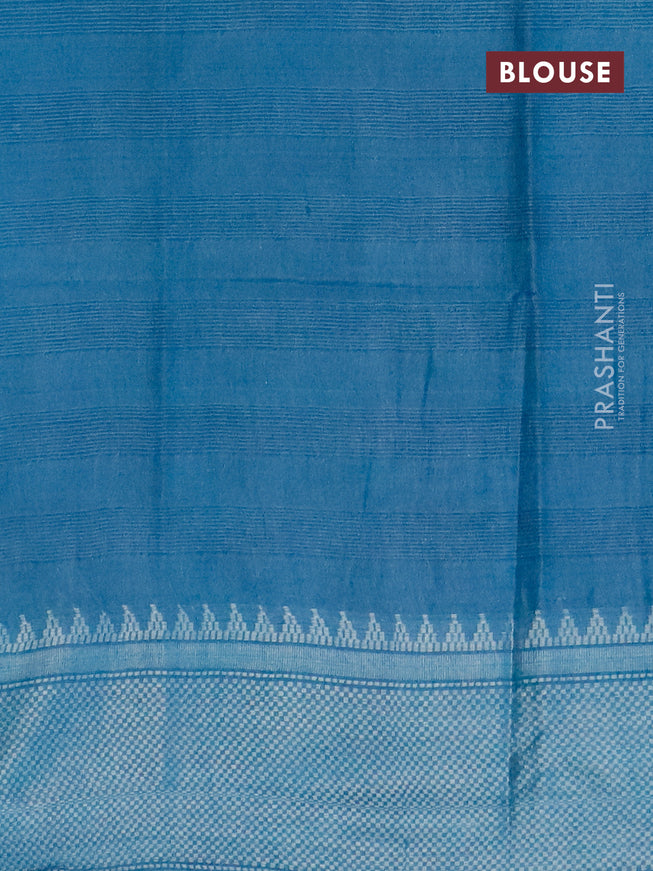 Semi tussar saree peacock blue and off white with allover batik prints and long silver zari woven border