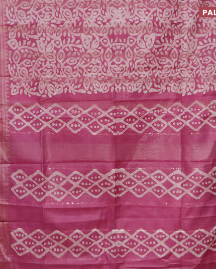 Semi tussar saree mauve pink and off white with allover batik prints and long silver zari woven border