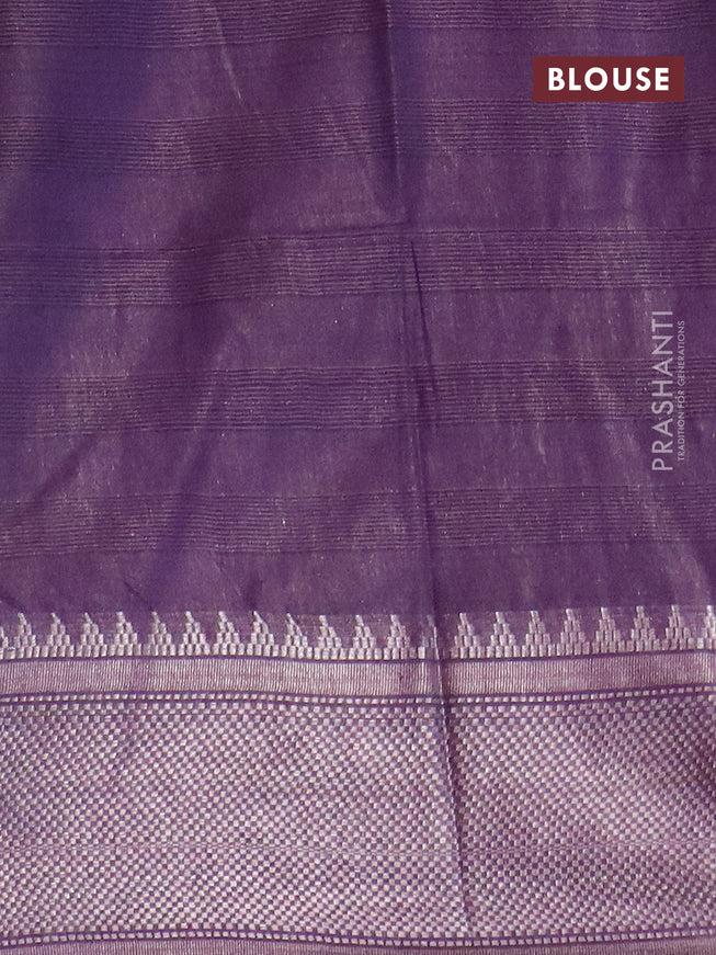 Semi tussar saree jamun shade and beige with allover batik prints and long silver zari woven border