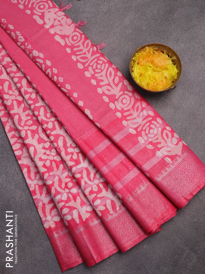Semi tussar saree pink with allover batik prints and silver zari woven border