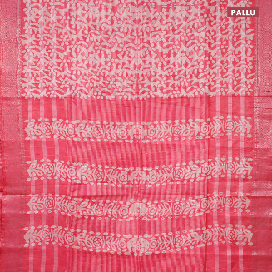Semi tussar saree pink with allover batik prints and silver zari woven border