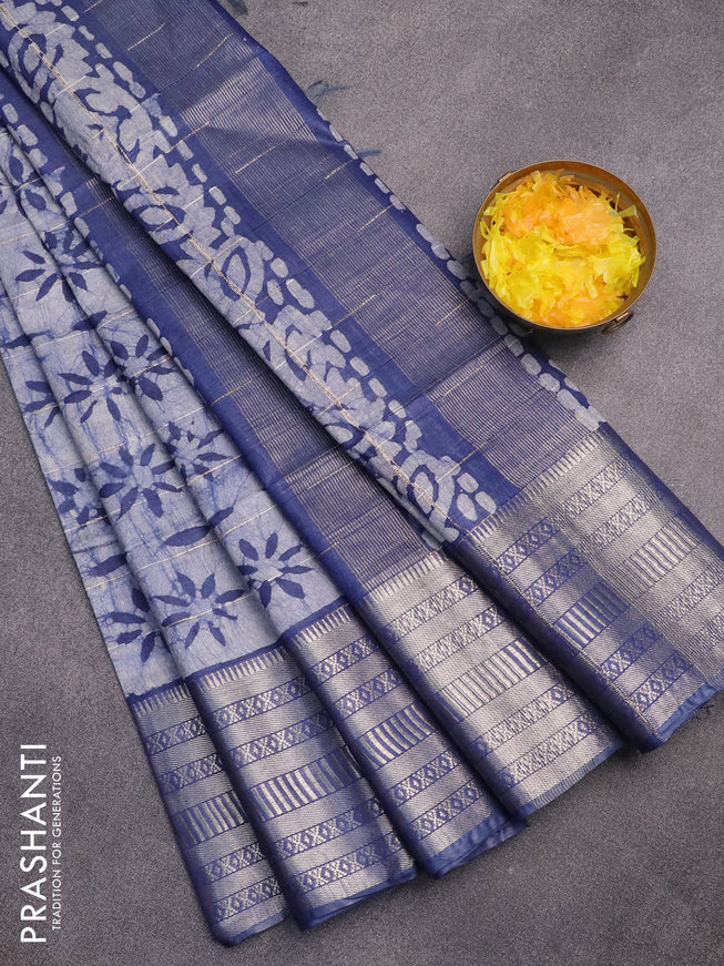 Semi tussar saree beige and blue with allover batik prints and long zari woven border