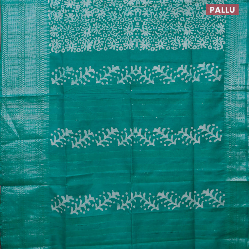 Semi tussar saree teal green with allover batik prints and long temple design silver zari woven border