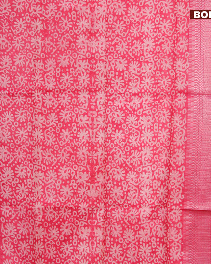 Semi tussar saree pink with allover batik prints and long temple design silver zari woven border