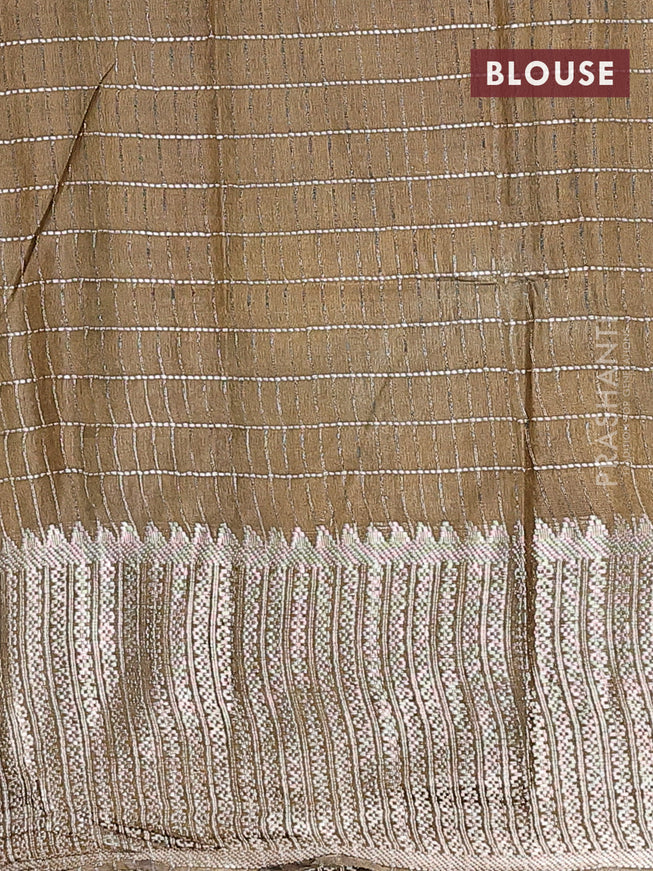 Semi tussar saree mehendi green with allover batik prints & thread stripe weaves and long silver zari woven border