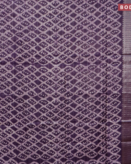 Semi tussar saree deep violet with allover batik prints & thread stripe weaves and long silver zari woven border