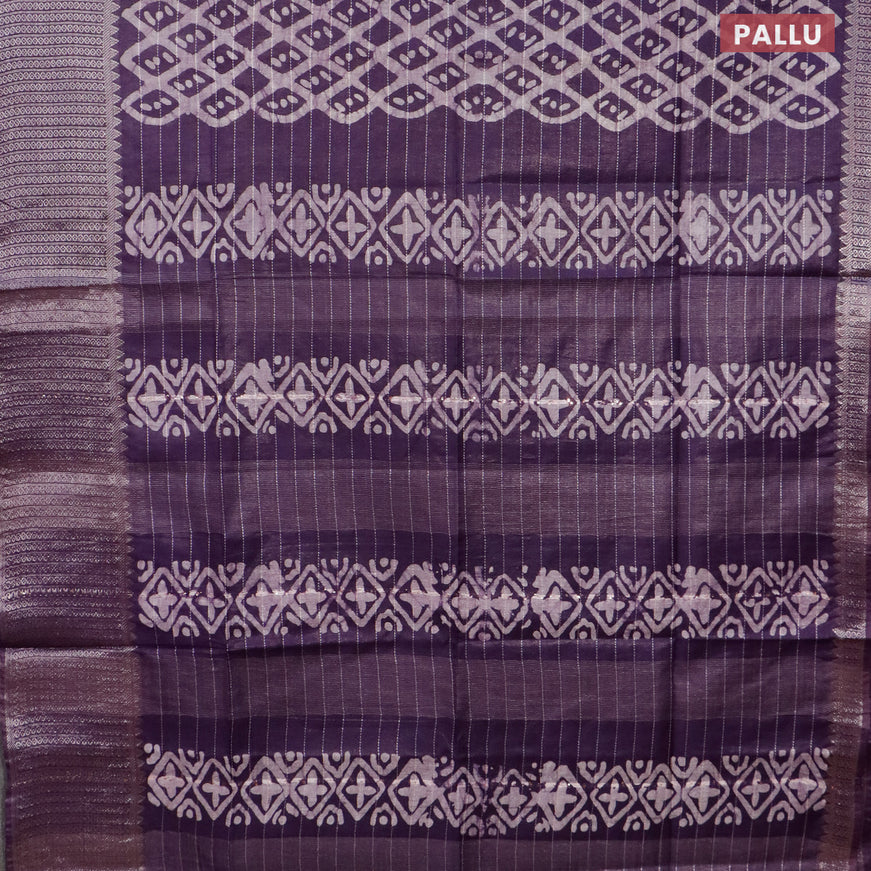 Semi tussar saree deep violet with allover batik prints & thread stripe weaves and long silver zari woven border
