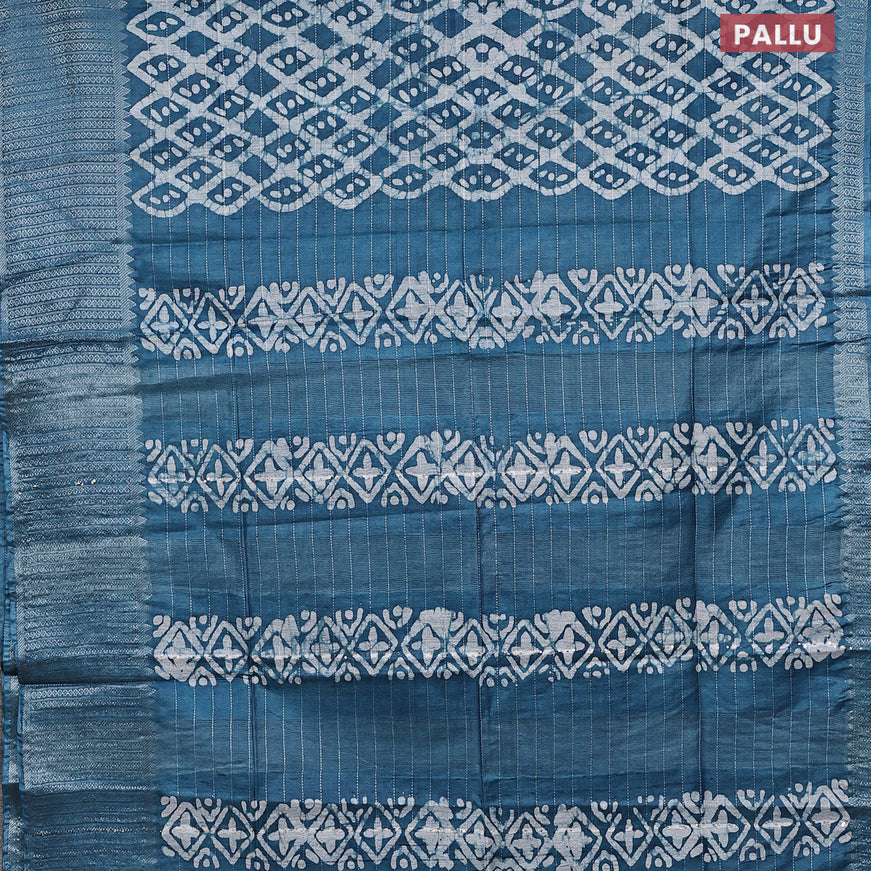 Semi tussar saree cs blue with allover batik prints & thread stripe weaves and long silver zari woven border