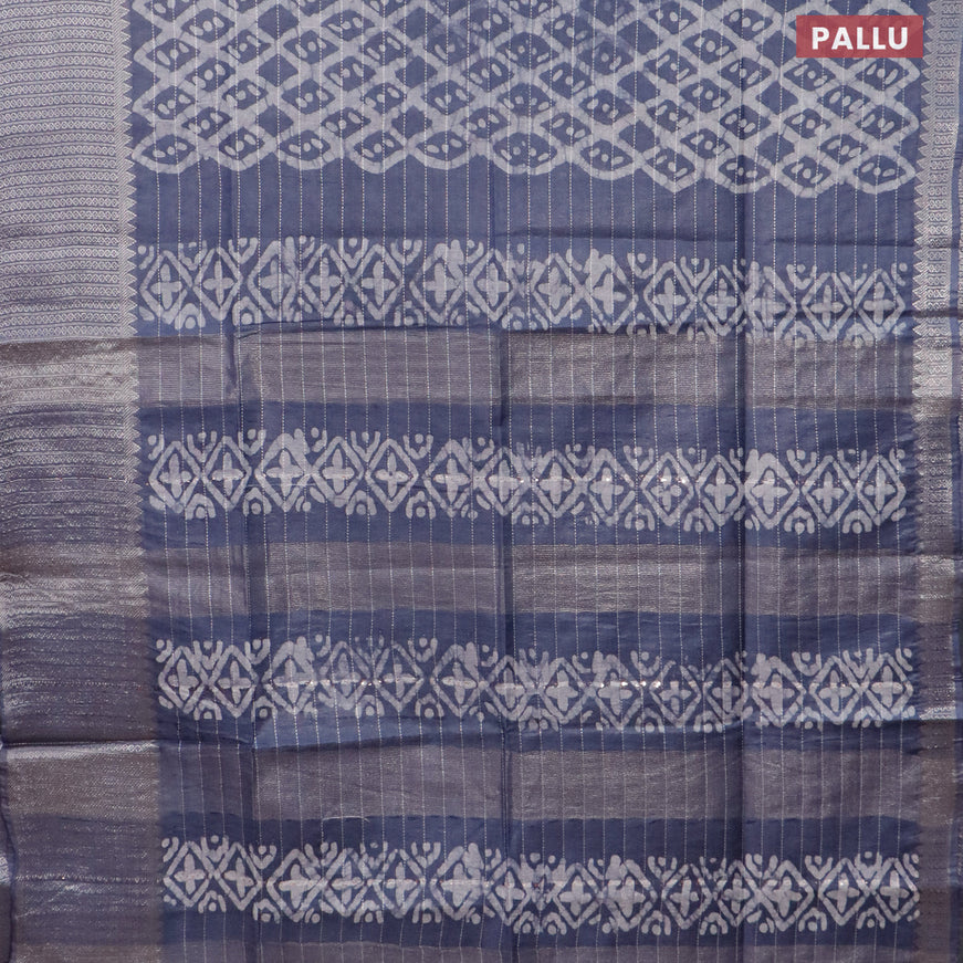 Semi tussar saree grey with allover batik prints & thread stripe weaves and long silver zari woven border