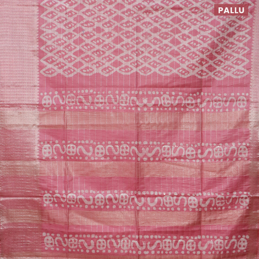Semi tussar saree mauve pink with allover batik prints & thread stripe weaves and long silver zari woven border