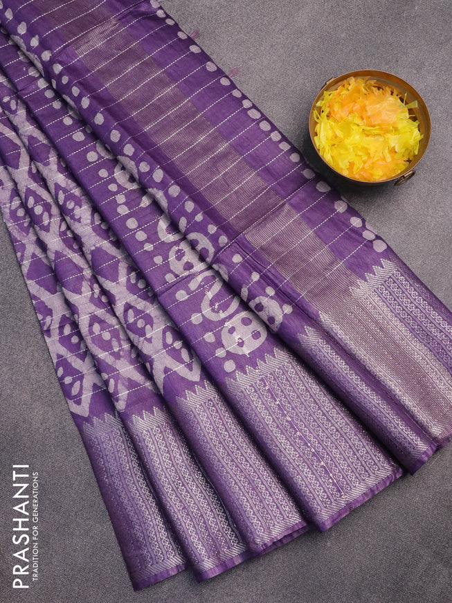 Semi tussar saree violet shade with allover batik prints & thread stripe weaves and long silver zari woven border