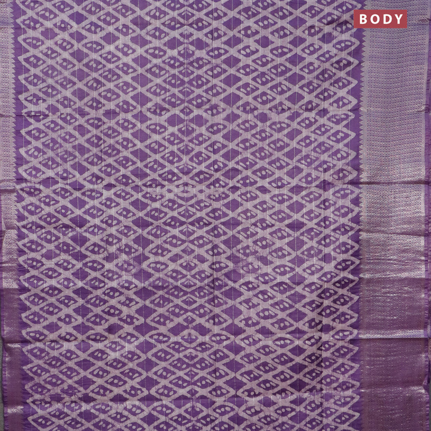 Semi tussar saree violet shade with allover batik prints & thread stripe weaves and long silver zari woven border