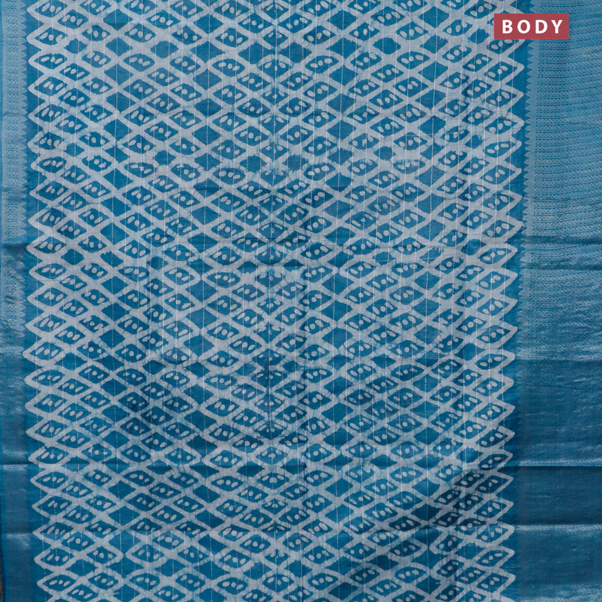 Semi tussar saree peacock blue with allover batik prints & thread stripe weaves and long silver zari woven border