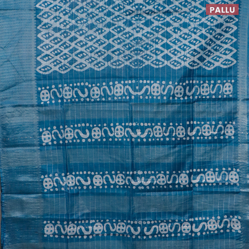 Semi tussar saree peacock blue with allover batik prints & thread stripe weaves and long silver zari woven border