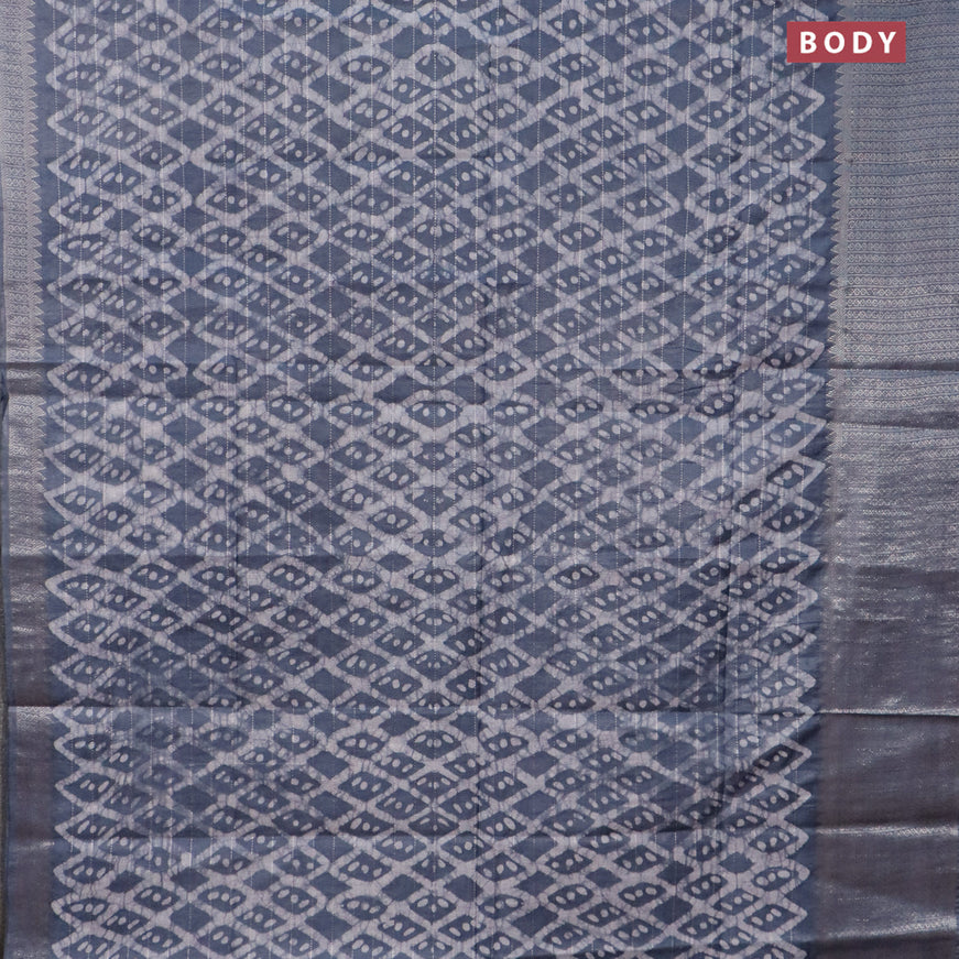 Semi tussar saree grey with allover batik prints & thread stripe weaves and long silver zari woven border