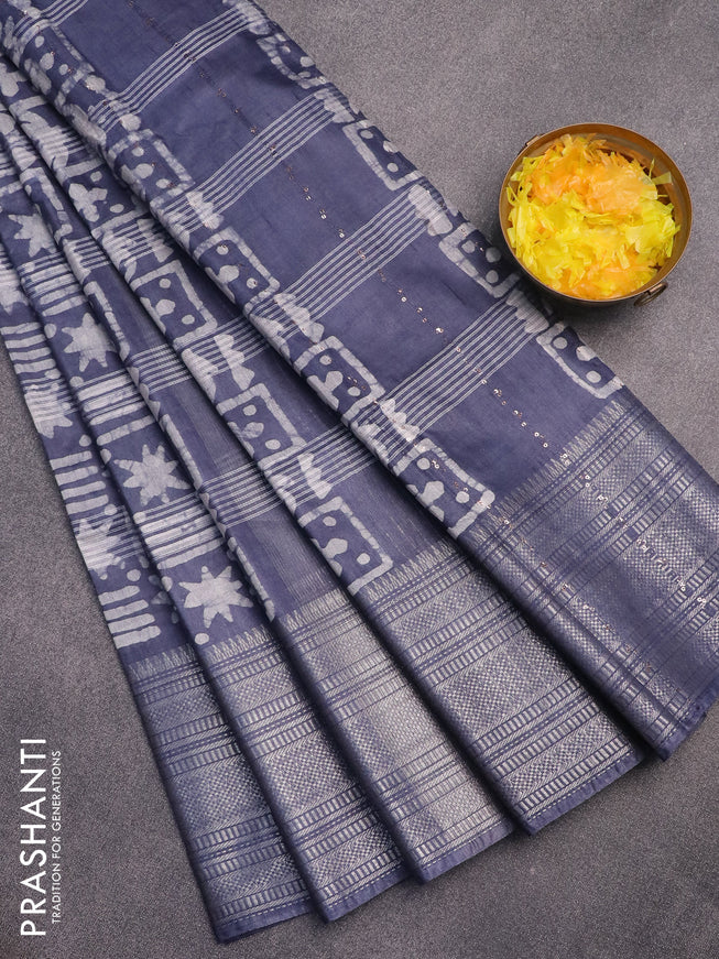 Semi tussar saree grey and off white with allover batik prints and long silver zari woven border