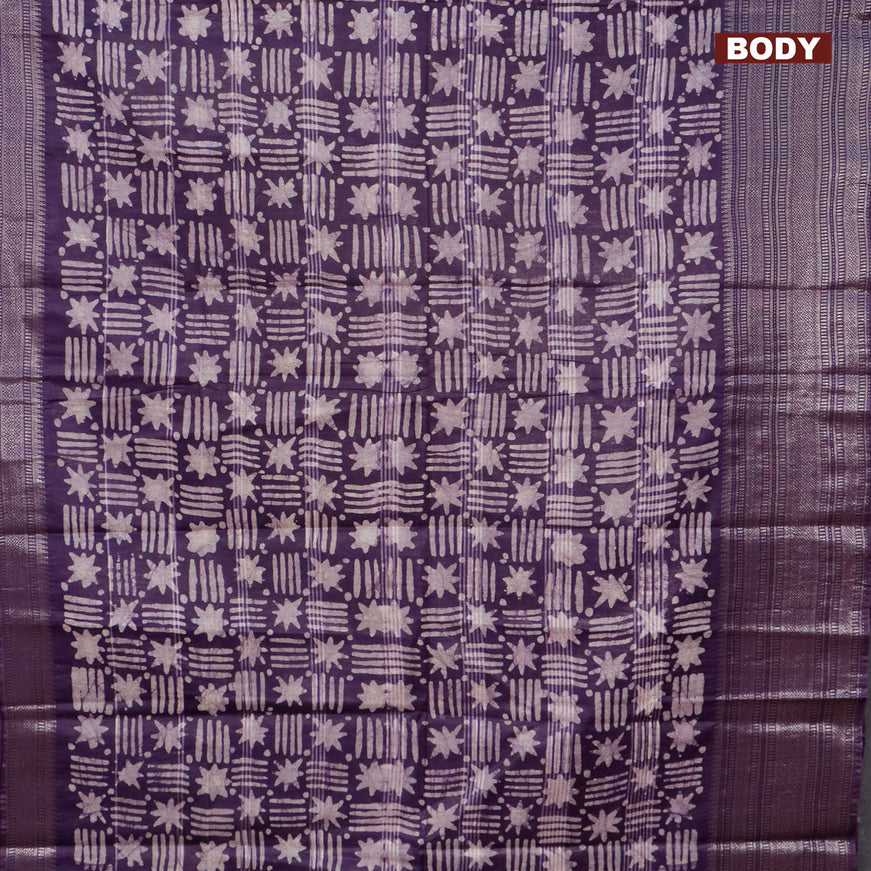 Semi tussar saree deep violet and beige with allover batik prints and long silver zari woven border