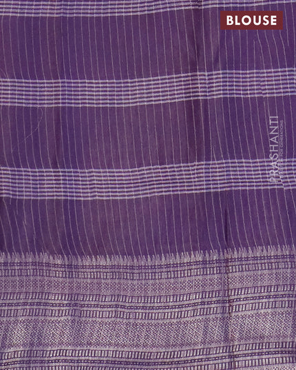 Semi tussar saree deep violet and beige with allover batik prints and long silver zari woven border