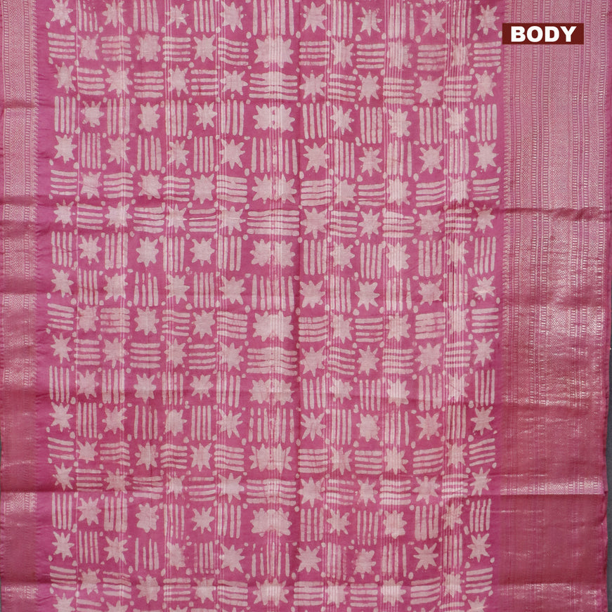 Semi tussar saree mauve pink and beige with allover batik prints and long silver zari woven border