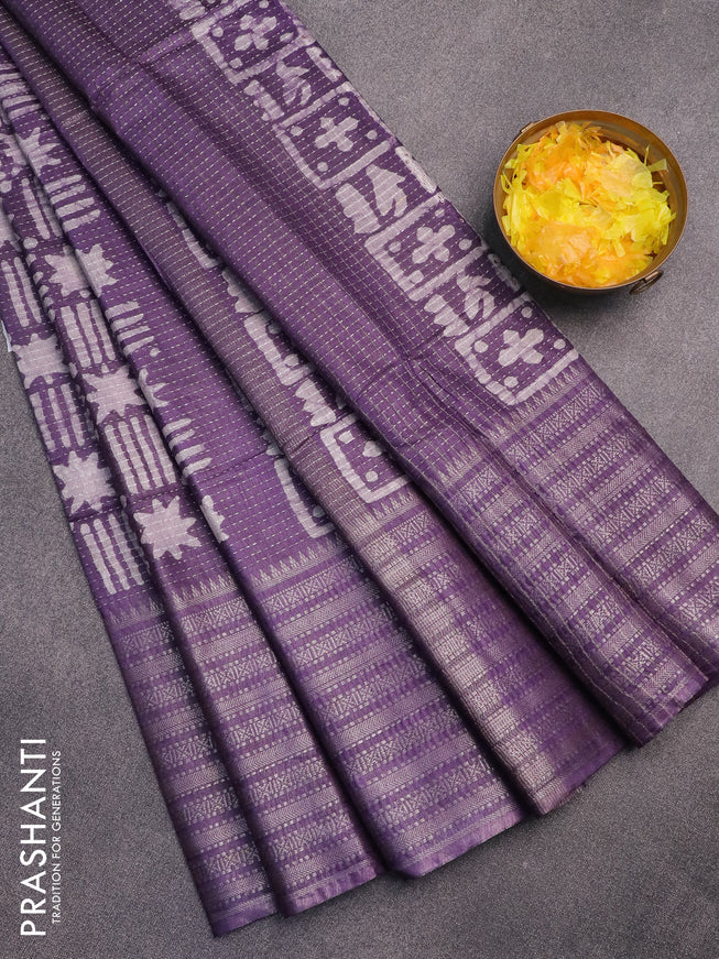 Semi tussar saree deep violet and off white with allover batik prints and long silver zari woven border