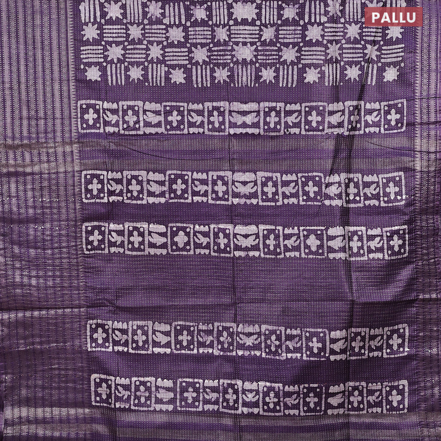 Semi tussar saree deep violet and off white with allover batik prints and long silver zari woven border