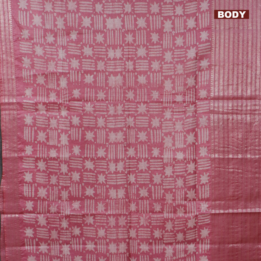 Semi tussar saree mauve pink and off white with allover batik prints and long silver zari woven border