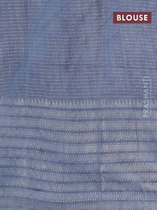 Semi tussar saree grey and off white with allover batik prints and long silver zari woven border